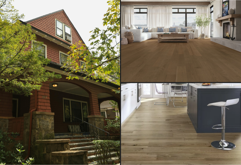 Composite image showing a Craftsman-style home exterior alongside interior views of hardwood flooring in a living room and kitchen.